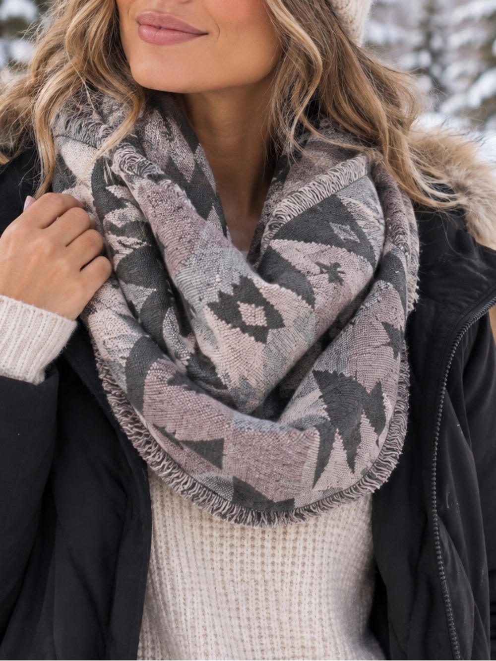 Ardene Geometric Infinity Scarf Grey Cream Mauve Fringe One Size